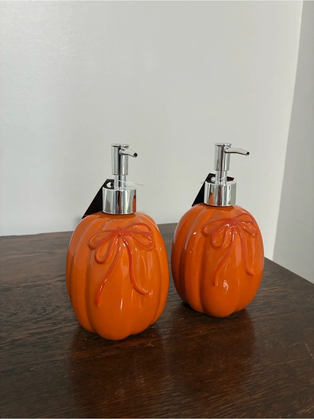 NWT- Set of 2- Orange Ceramic Pumpkin Soap Dispensers w/ Ribbons 18oz